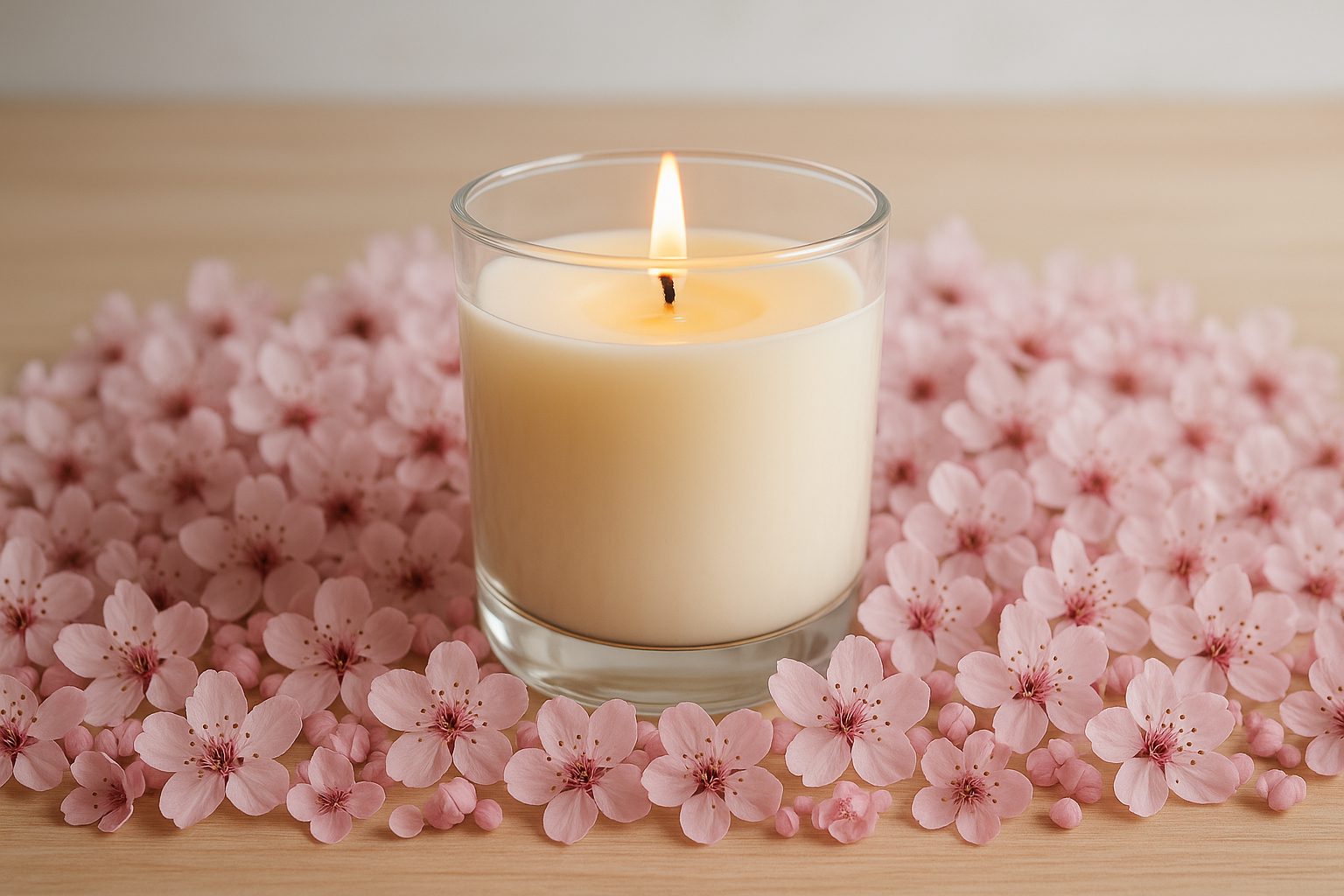 a beautiful coloured candle in glass burning while pink blossoms are covering the the space in the bottom and all on a table with fresh light feel and professional